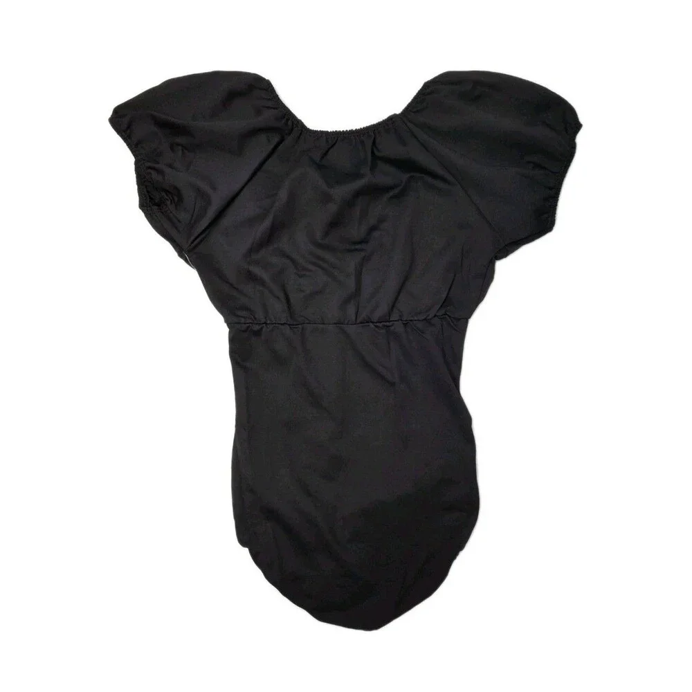 DanceTech Black Puff Sleeve Vneck Dance Leotard Heavy Shirring Girls Youth